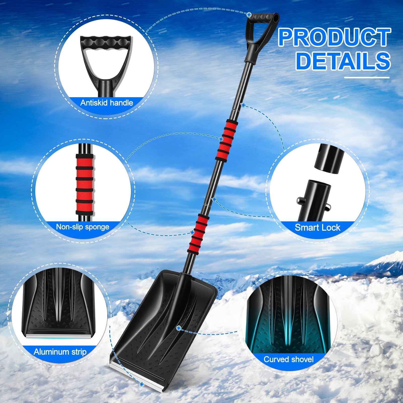 HOMEMAXS Yardwe Snow Shovel Detachable Ice Scraper Snow Remover with Comfortable Grip Handle Anti-Freeze Telescopic Snow Scraper Camping and Outdoor Emergency