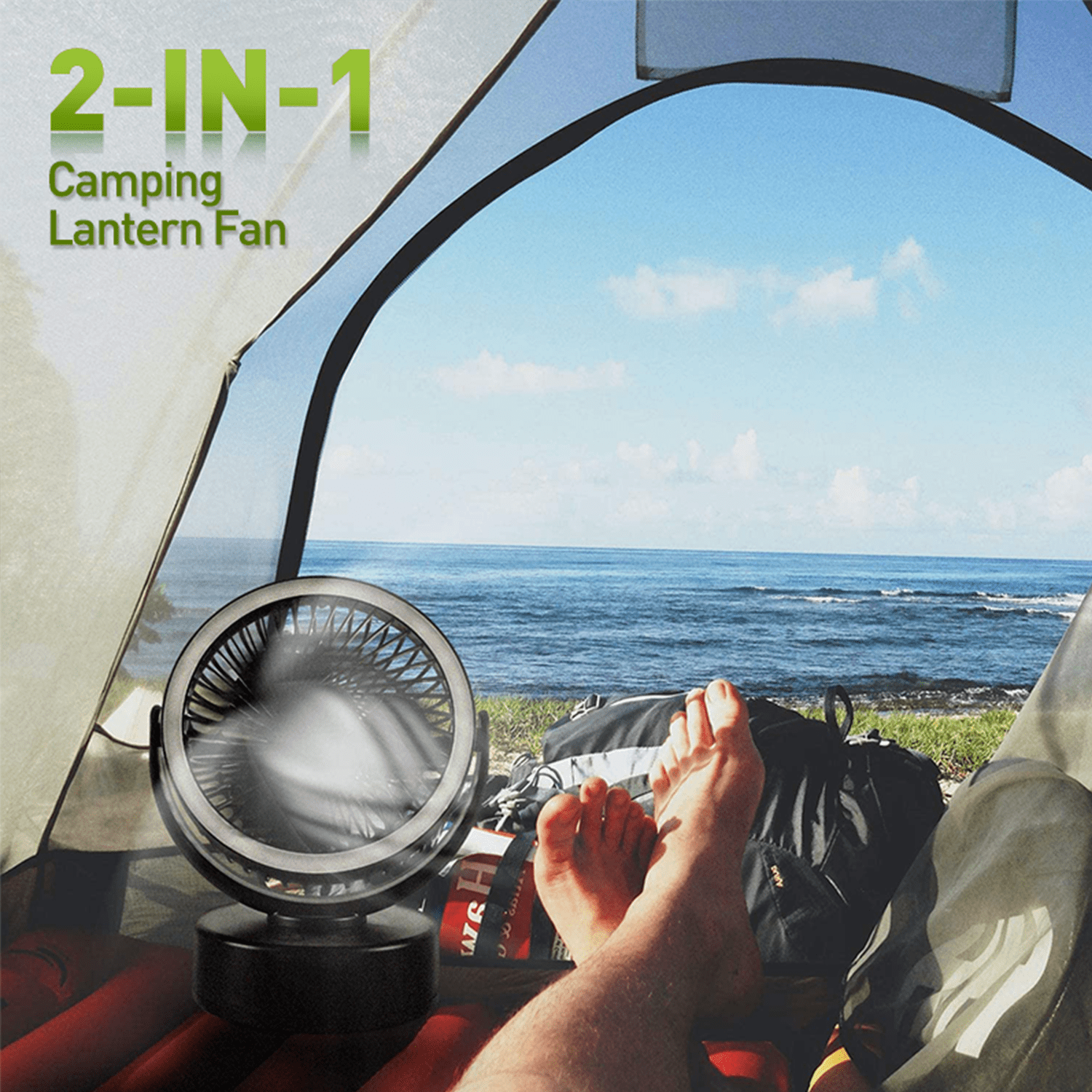 EASYMAXX Portable Camping Fan with LED Lantern, Battery Operated Tent Fan Light Lamp with Hanging Hook, Black, 1pack(Battery Not Included)