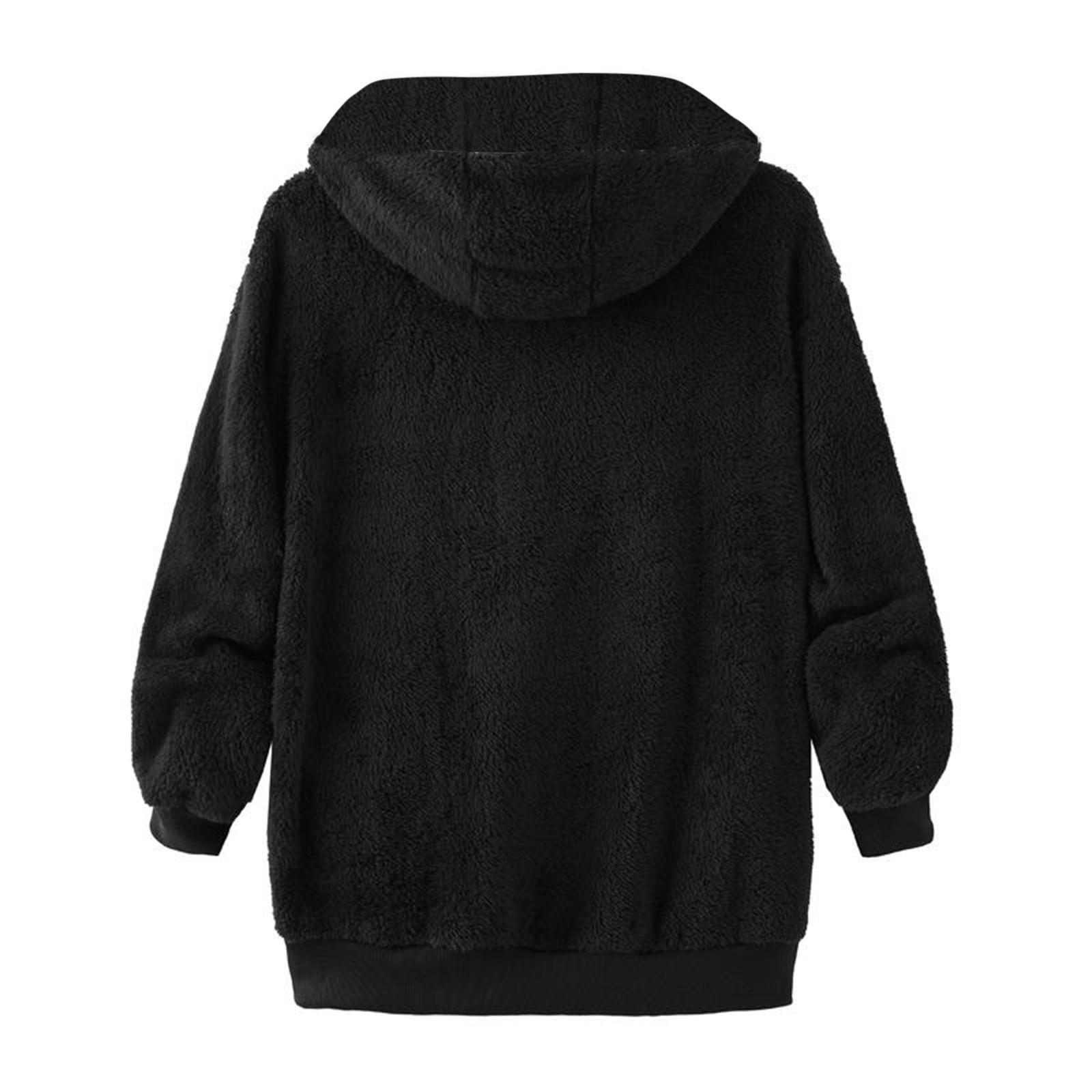 Leadmall Women Fleece Jacket with Hood Winter Coat Soft Lightweight Full Zip up Hoodie Jackets Pocket Drawstring Long Sleeve Hooded Sweatshirts Sweaters Outerwear Y-2-Black L