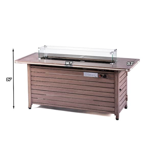 57 in. Aluminum Rectangular Fire Table with Glass Wind Guard, Nature Wood Coating