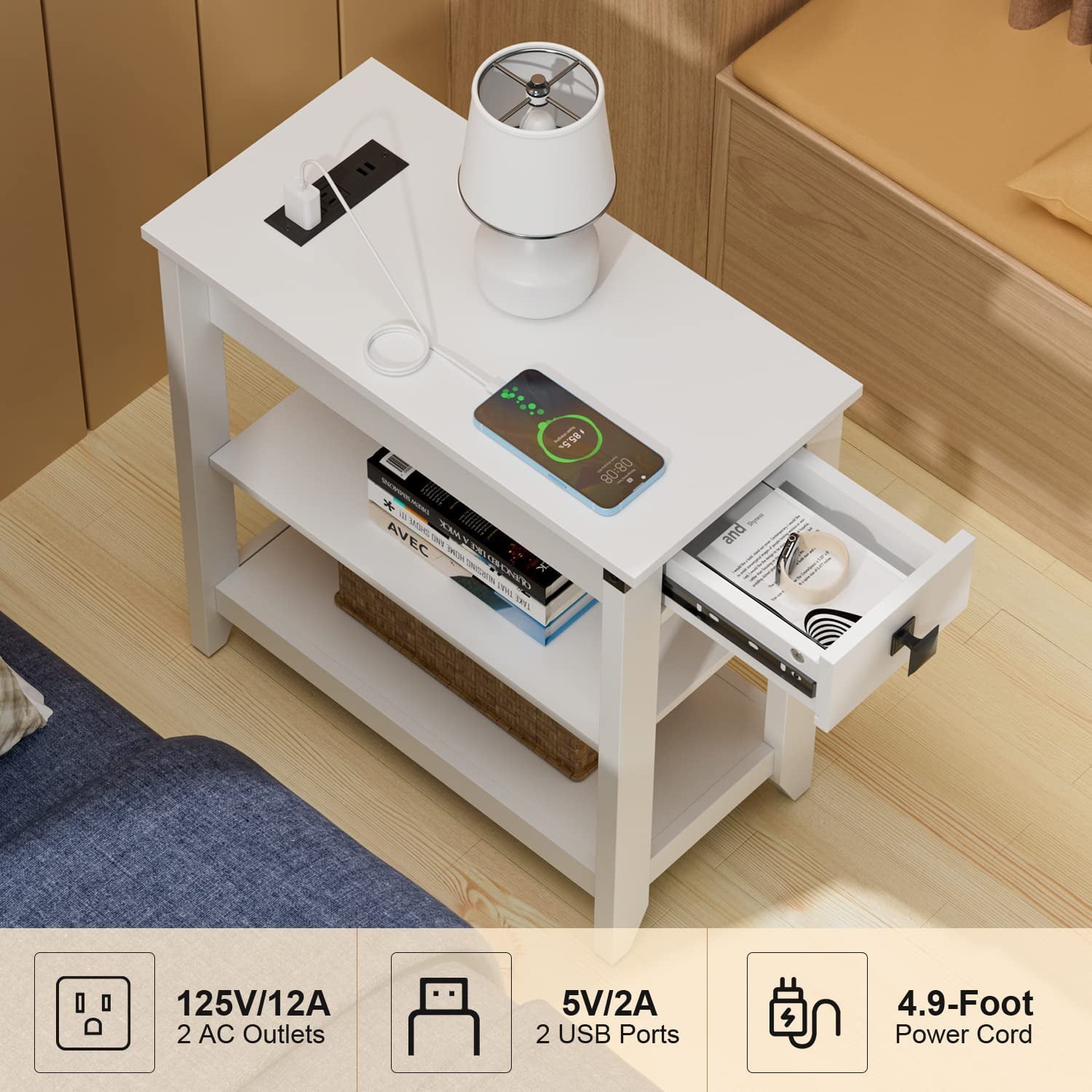 Narrow End Table with Charging Station Farmhouse End Table with USB Ports and Outlets for Living Room, Sofa Side Table with Storage Drawer, White