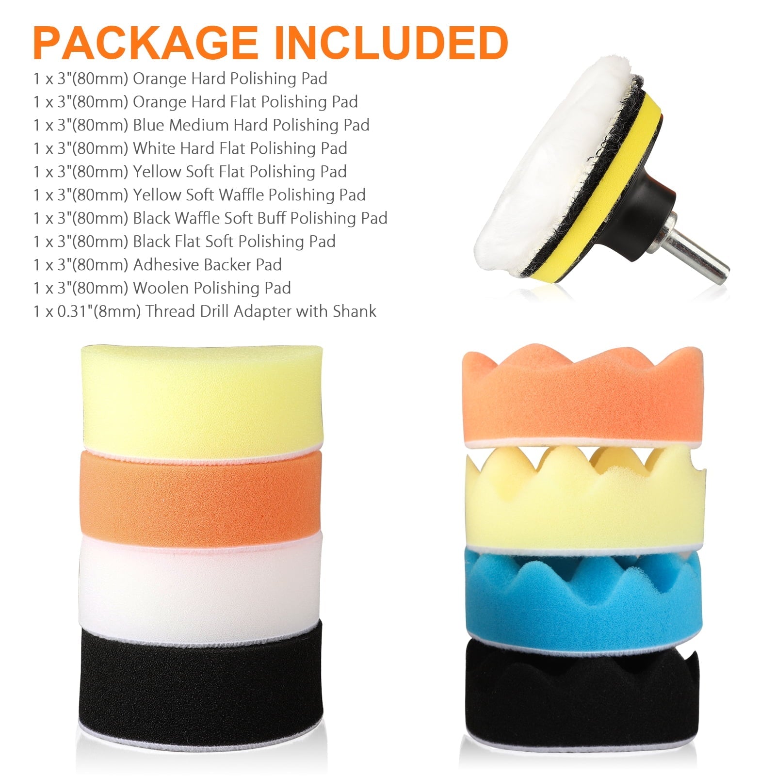 Drill Buffing Sponge Pads, EEEkit 11pcs 3inch Car Foam Woolen Polishing Pads Replacement Kit, Car Compound Polishing Buffer Drill Sponge Kit Set for Car Sanding, Polishing, Waxing