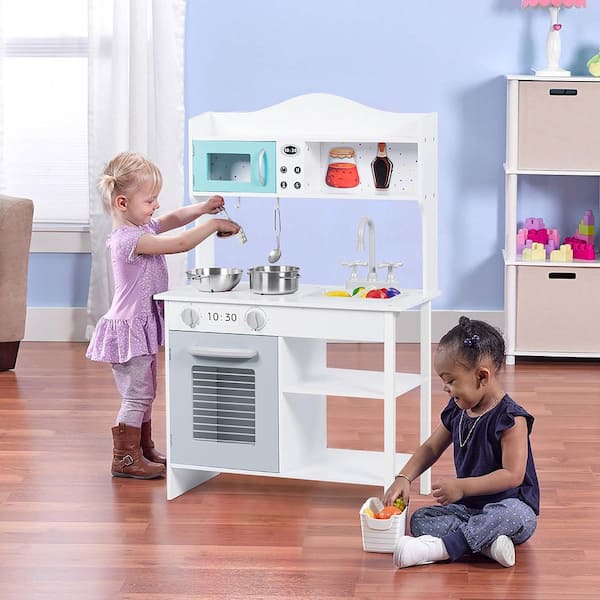 Contemporary Solid Wood Kids Kitchen Playset with Pots and Pans in White