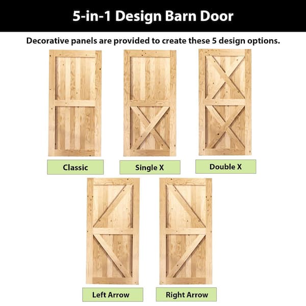 48 in. x 96 in. 5-in-1 Design Solid Natural Pine Wood Panel Interior Sliding Barn Door Slab with Frame