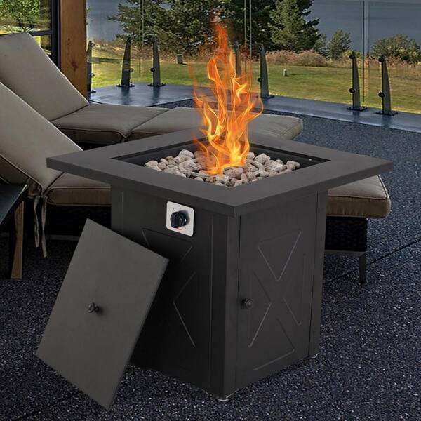 24.5 in. Black Square Metal Propane Fire Pit Table with Volcanic Stone and ETL-Certified
