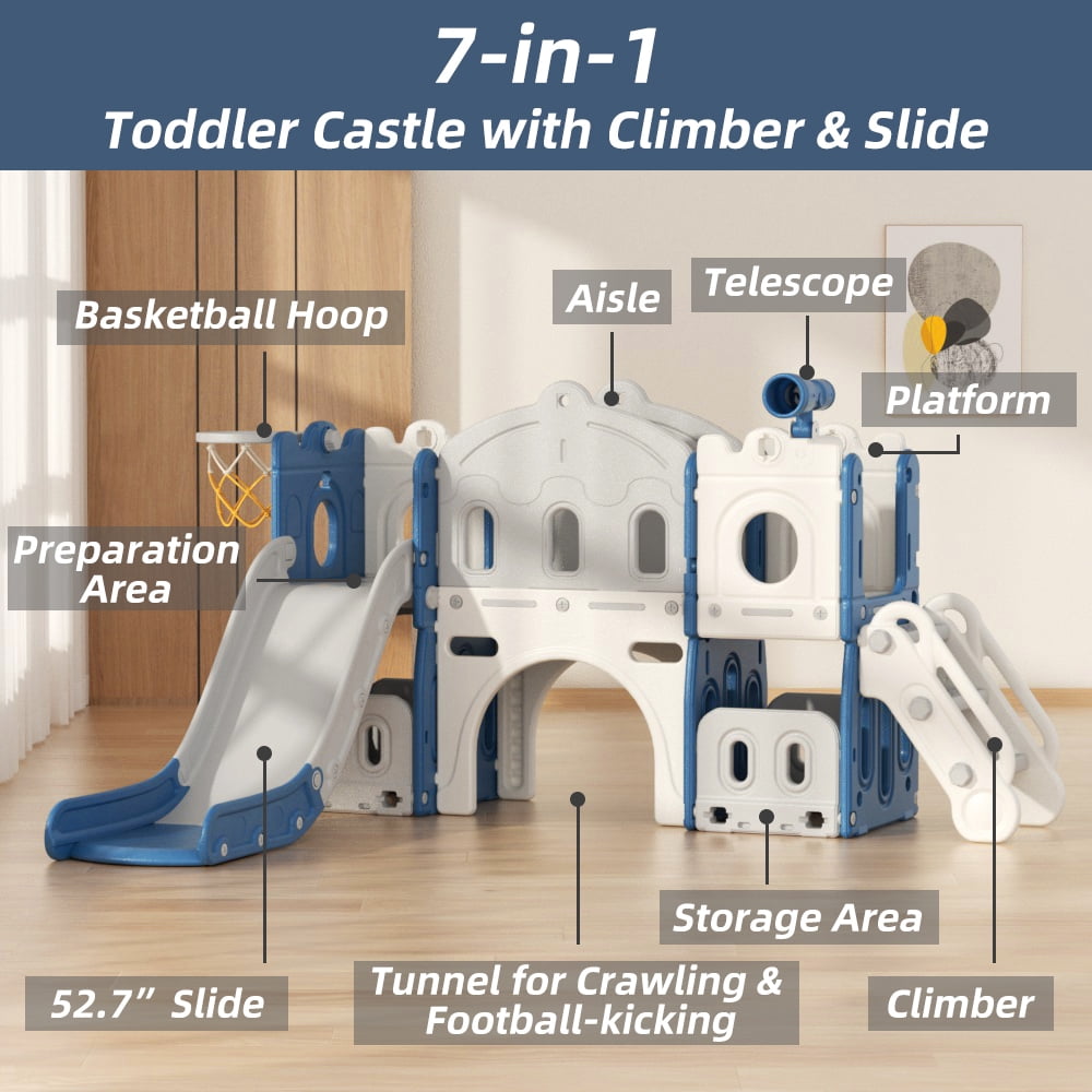 XJD 8-in-1 Toddler Slide Climber, Slide Set Playground for Kids, Slide Toddlers Climber and Slide Set with Basketball Hoop and Ball, Slide for Toddlers Age 12 Month +(Blue)