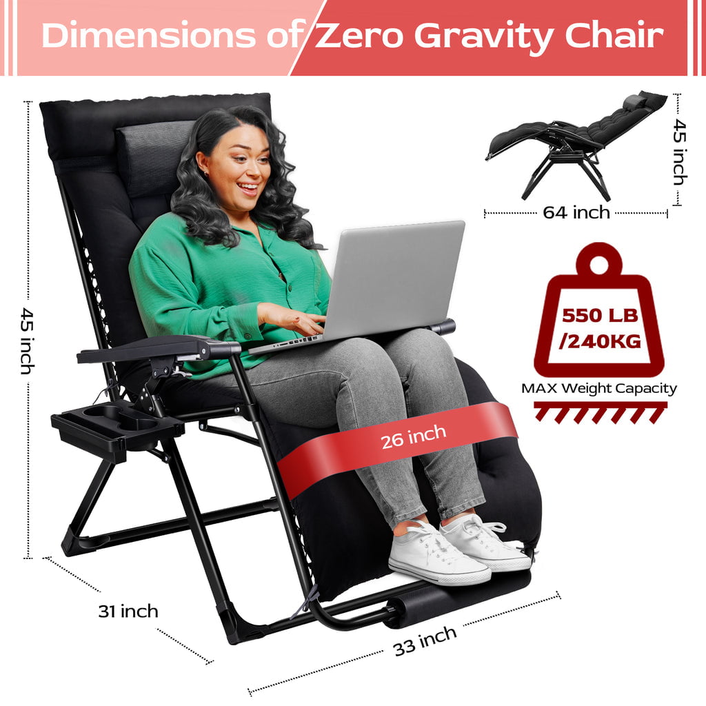 Oversized Zero Gravity Chair,VECUKTY XXL Ergonomic Patio Recliner Folding Reclining Chair for Indoor and Outdoor,Black