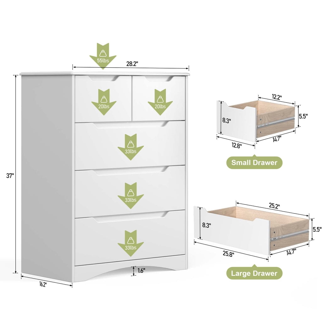 Aiho 5 Drawer Dresser for Bedroom, Office, Living Room - White