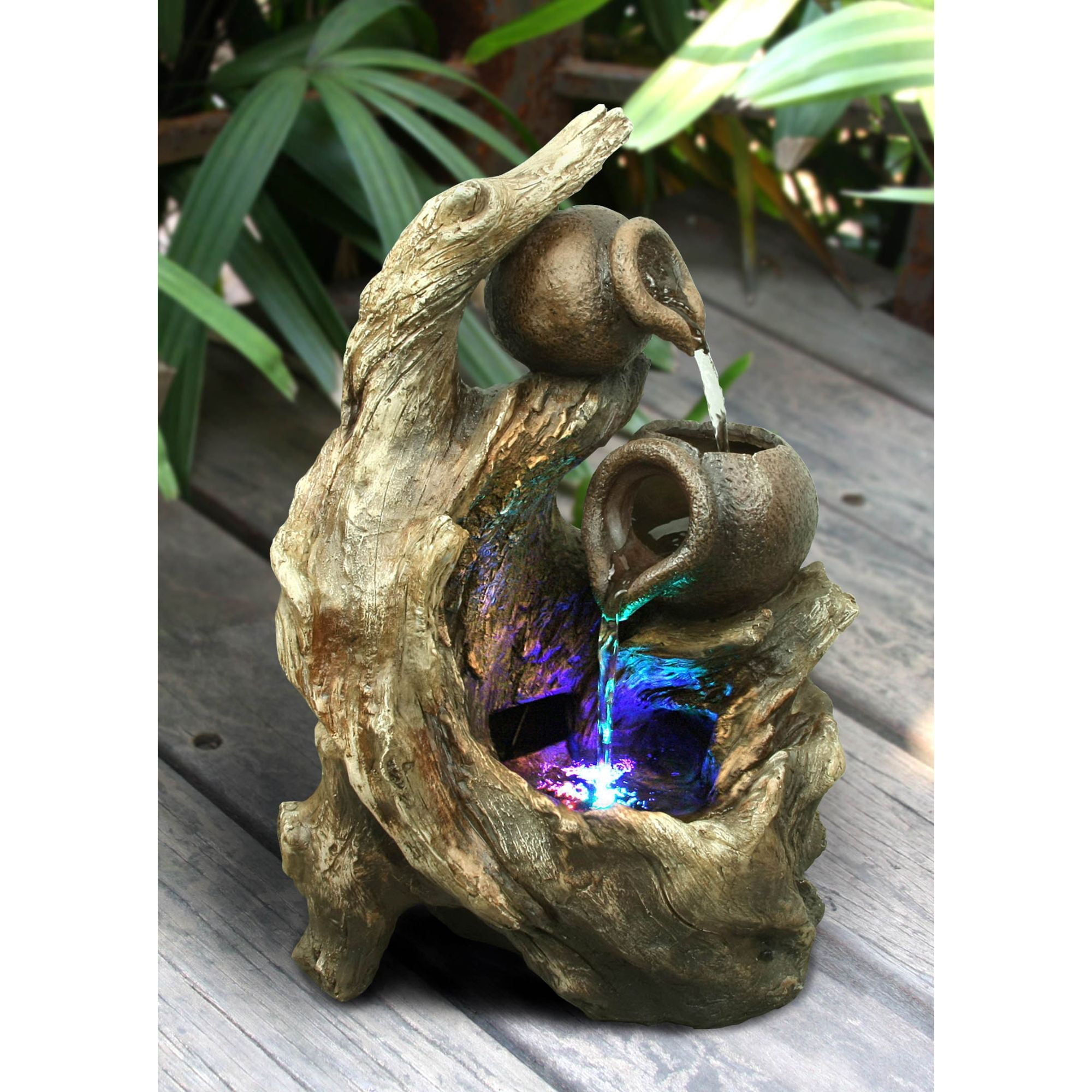 Hi-Line Gift Ltd. Two Jugs and Tree Trunk Indoor/Outdoor Fountain with RGB LED Lights