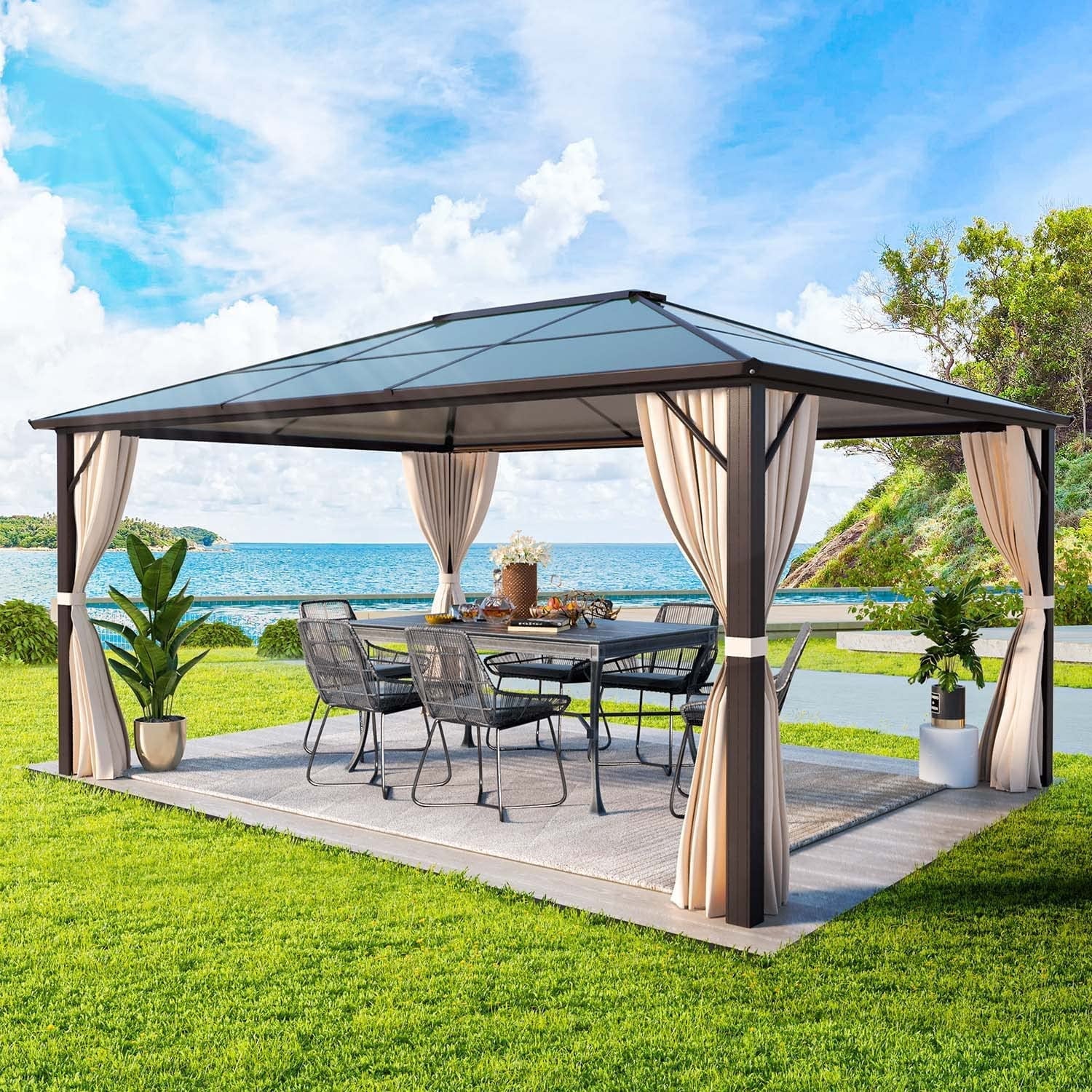 Yoleny 12'x16' Outdoor Polycarbonate Double Roof Hardtop 12 ft Gazebo Canopy, Brown