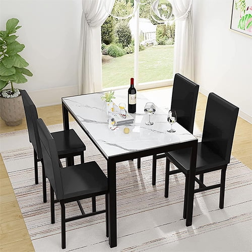 SEGMART Kitchen Dining Table Set for 4, Home Kitchen Table with Marble Tabletop and 4 PU Leather Chairs, Metal Frame Pub Table Set, Dinette Set for Family Gathering & Dining - Easy to Assemble, B1402