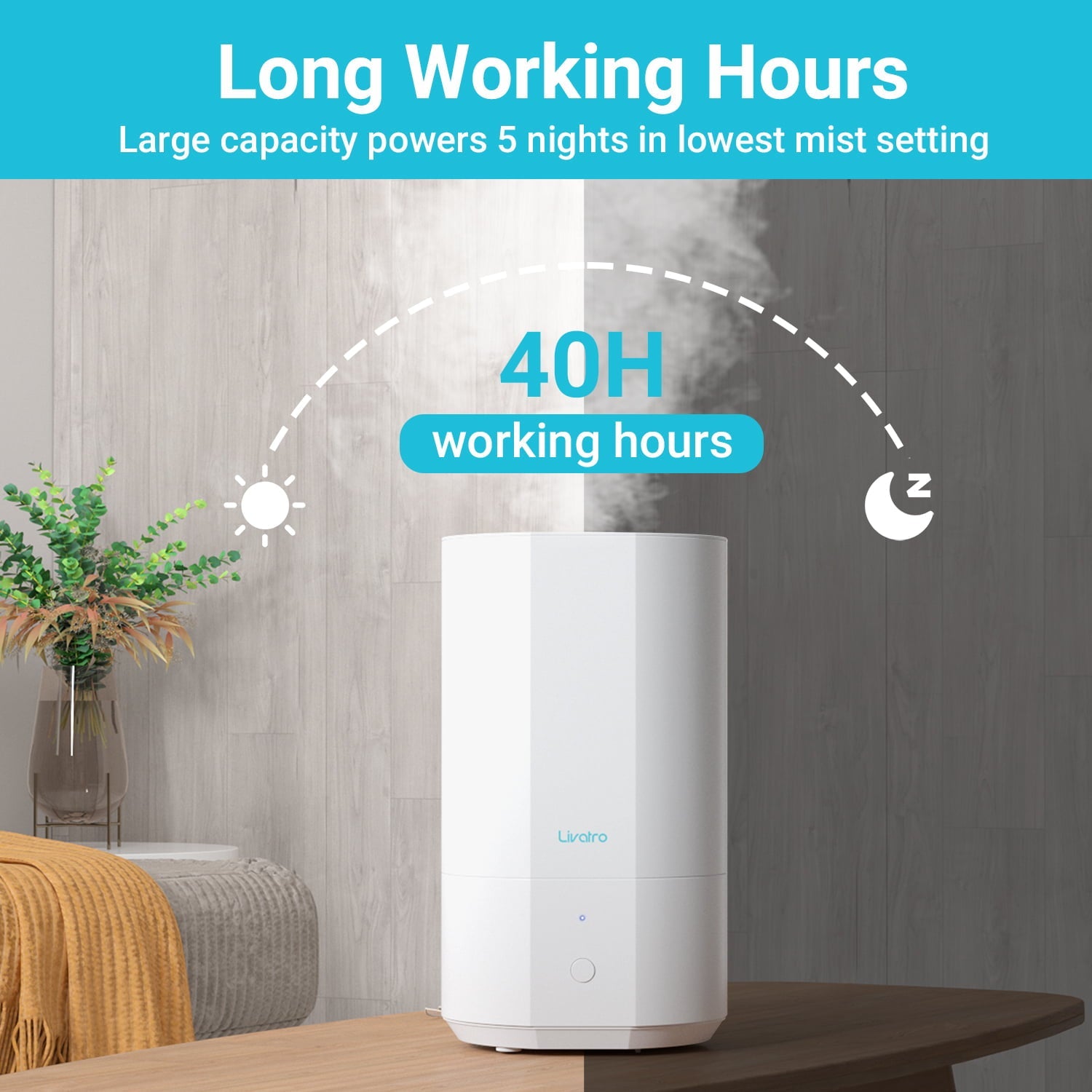 Livatro 4L Top Fill Humidifiers for Bedroom Large Room Nursery, Cool Mist Humidifier With Ultrasonic Quiet, Auto Shut-off and Easy to Clean, Last up to 40 Hours, White