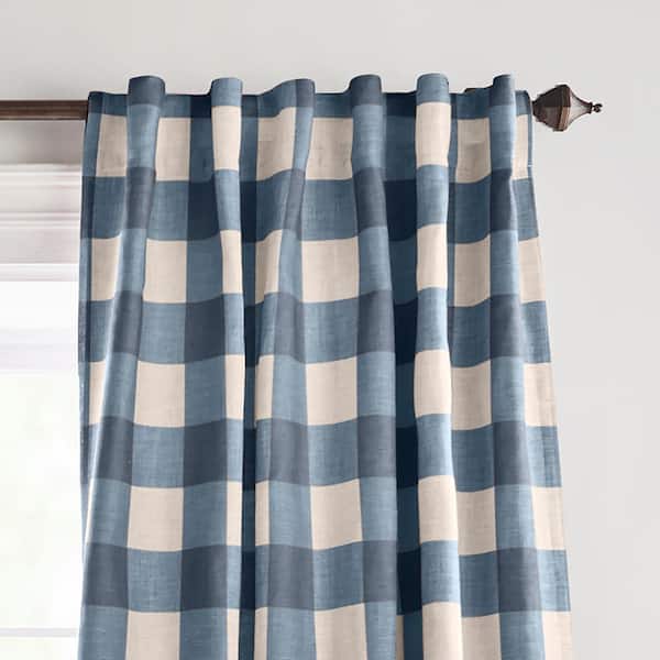 Grainger Indigo Buffalo Check Poly-Linen 52(in)X84(in) Rod Pocket/Back Tab Blackout Curtain Panel