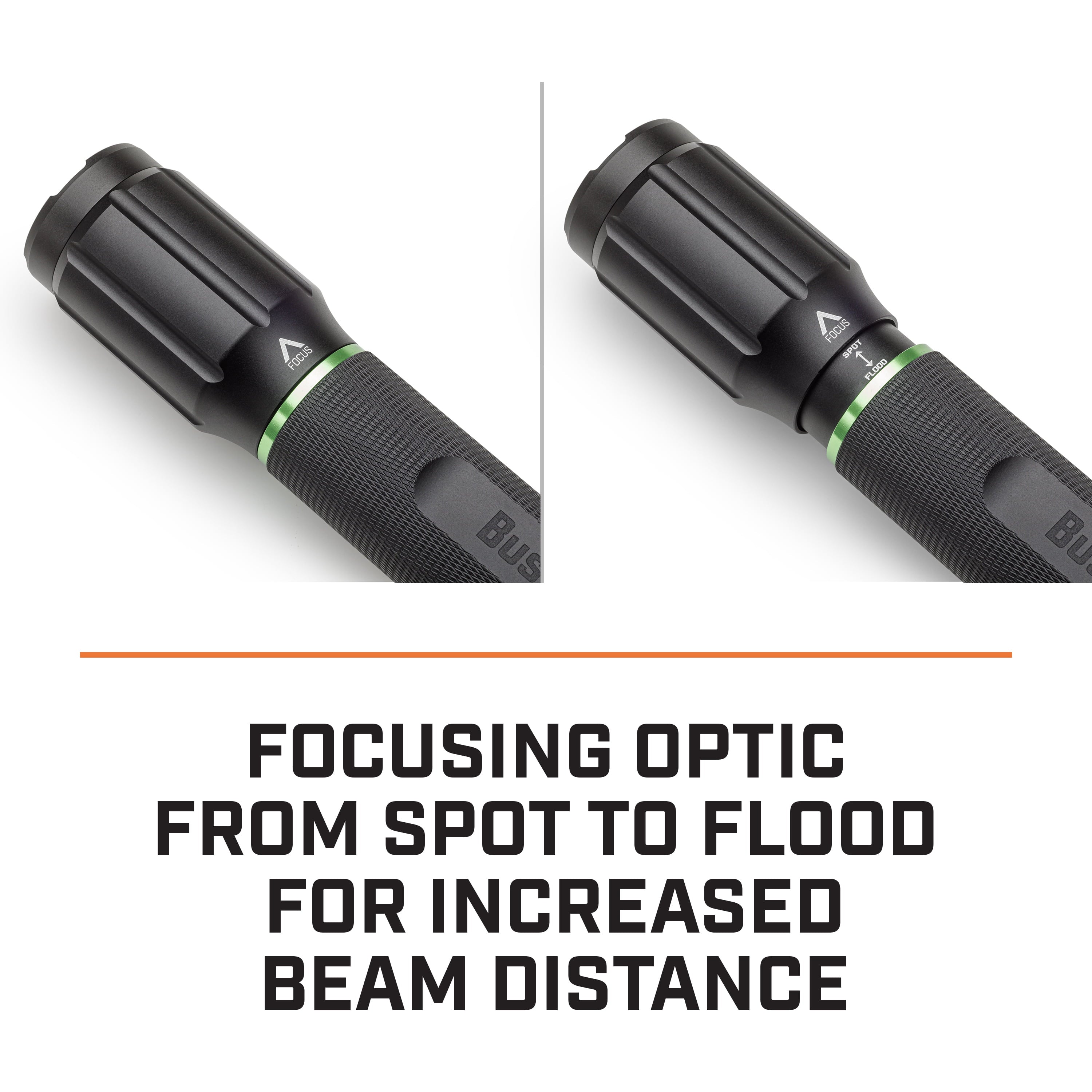 Bushnell 1800 Lumen Rechargeable Focusing Flashlight - IPX8 Waterproof, Black & Green