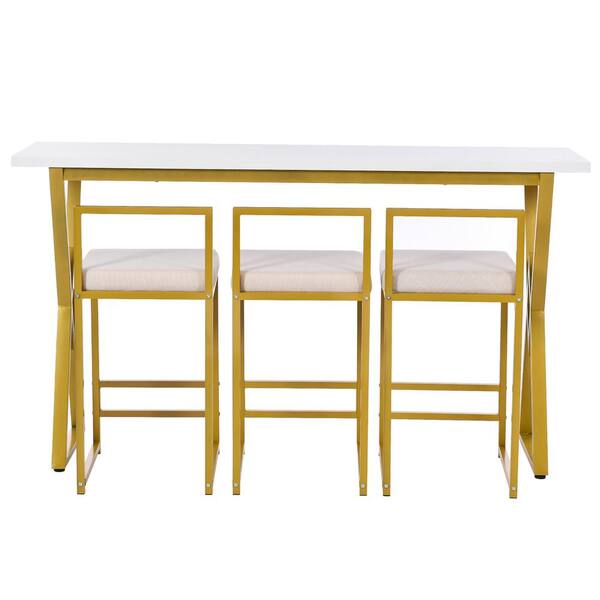 4-Piece Gold Bar Dining Table Set with 3-Beige Padded Stools