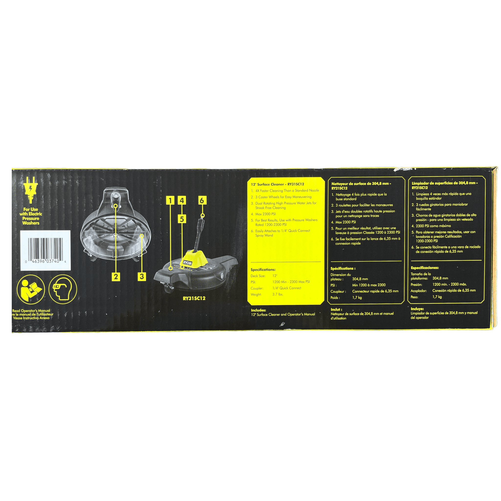 RYOBI 12 in. 2300 PSI Electric Pressure Washer Surface Cleaner with Casters