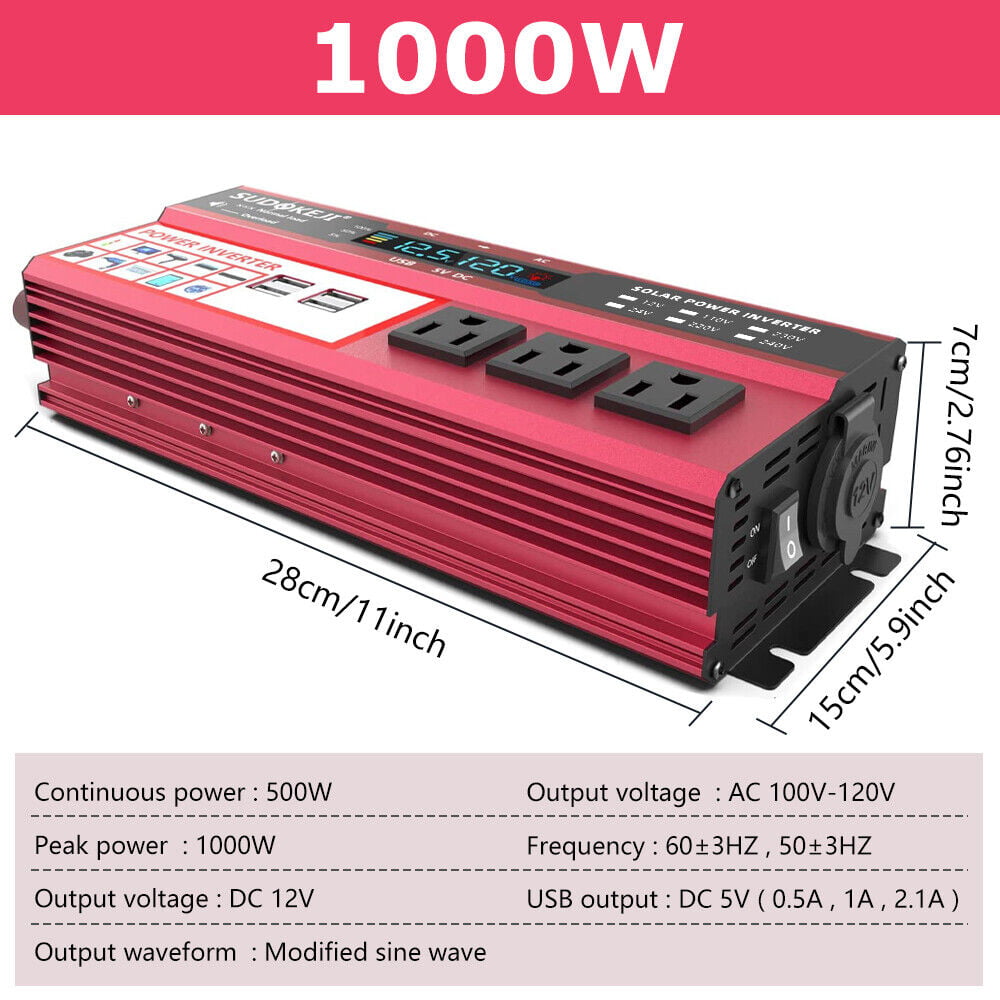 1000W Car Power Inverter 500W DC 12V to AC 110V Pure Sine Wave Solar Converter