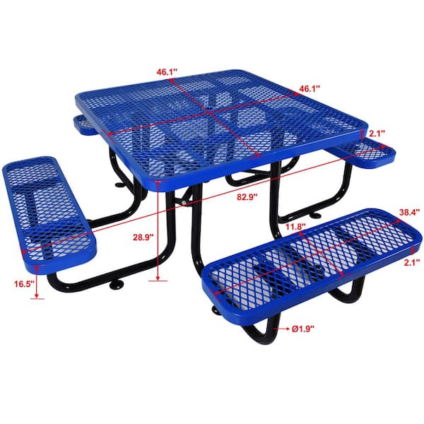 46 in. Blue Square Outdoor Steel Picnic Table with Umbrella Pole