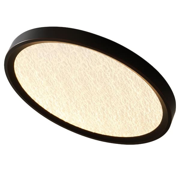 Low Profile 15 in. Round Crackle Lens Oil Rubbed Bronze LED Flush Mount with Night Light Feature