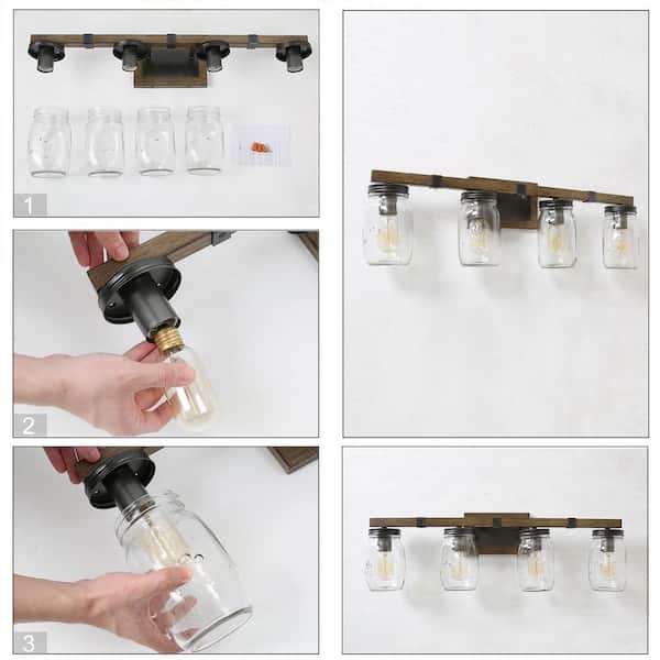 Araphi 4-Light Brushed Brown Rust Black Bathroom Vanity Light with Clear Jar Glass Shade and Painted Wood Accents Sconce