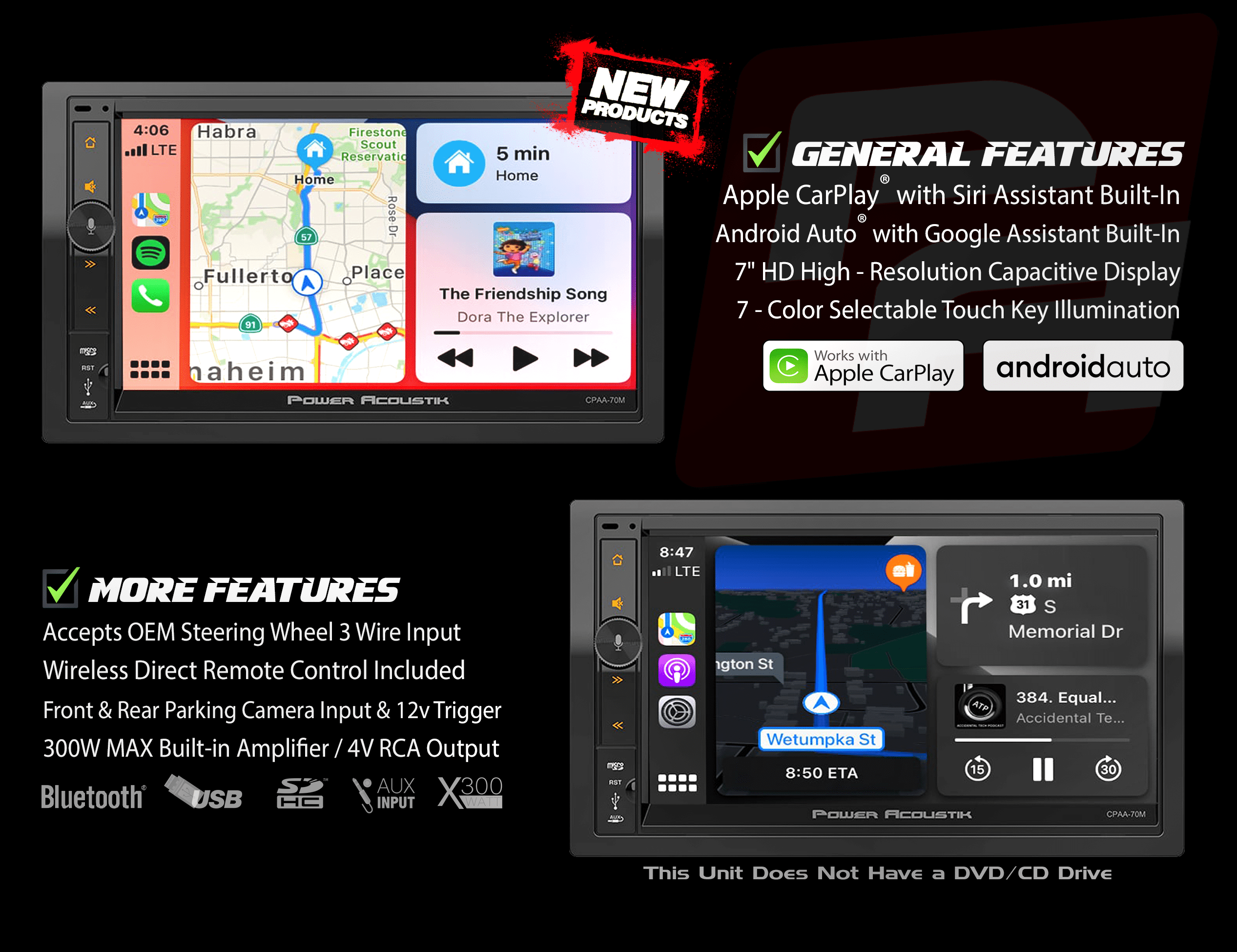 Power Acoustik Car Stereo Combo | Car Play/Android Auto Receiver & (4) 6.5