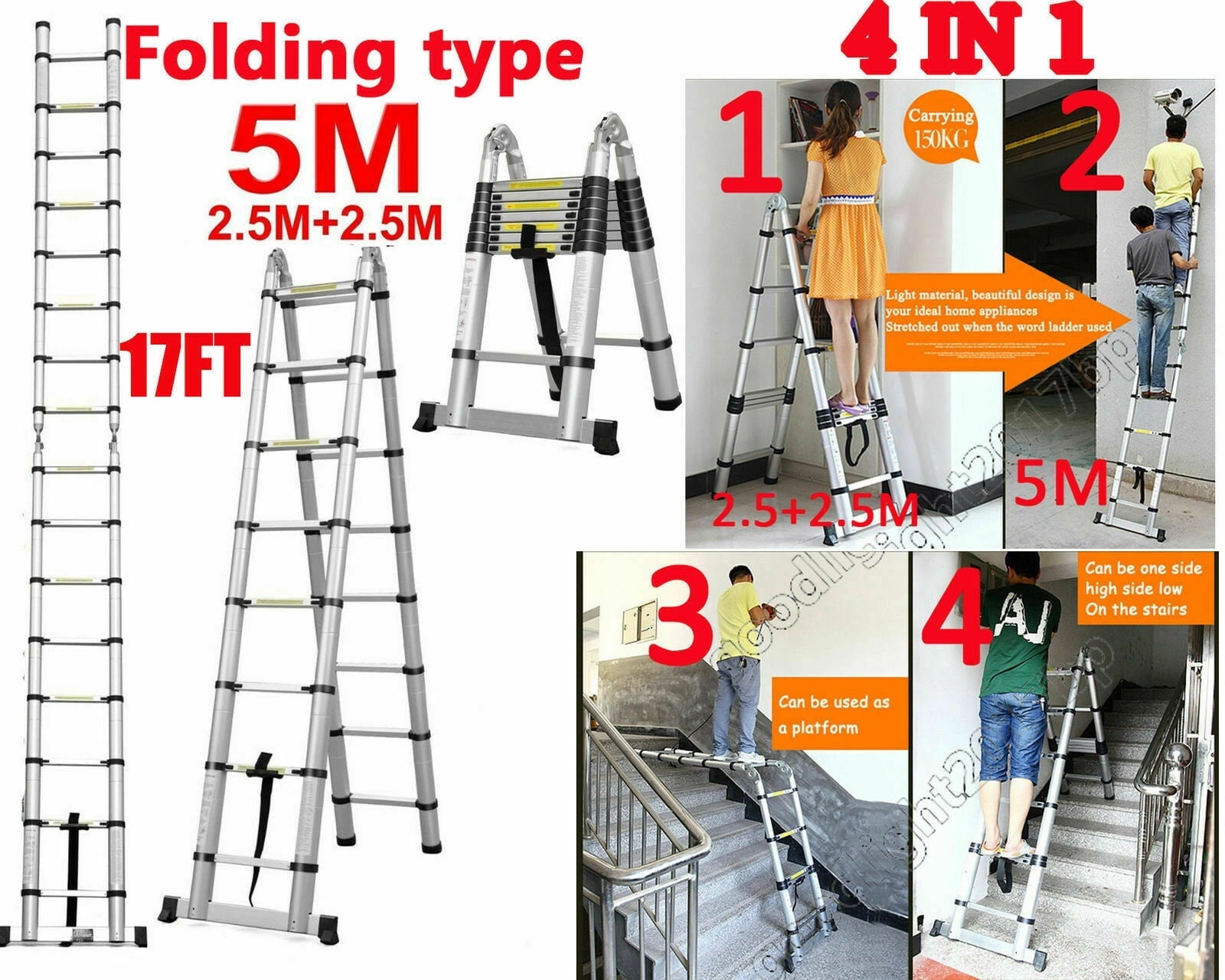 Bowoshen Telescopic Loft Ladder 16.5Ft Extendable Collapsible Step Ladders Securing Bolt 330lb Loading EN131 Certified