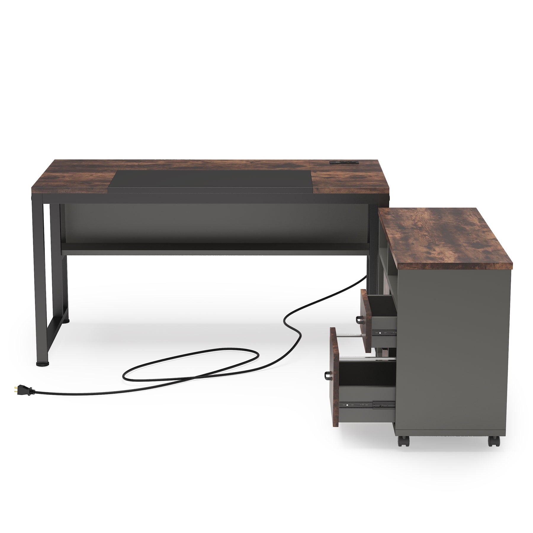 L-Shaped Computer Desk, 55 inches Executive Office Desk with File Cabinet and Power Outlet, Table Writing Desk with Drawers and Shelves, Business Furniture Set for Home Offices