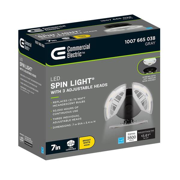 7 in. Spin Light 3 Adjustable Heads 3500 Lumens LED Flush Mount Garage Light and Basement - Screws into Lampholder