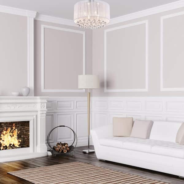 Belle 4-Light Chrome Flush Mount with White Threaded Drum Shade and Clear Glass Hanging Crystals