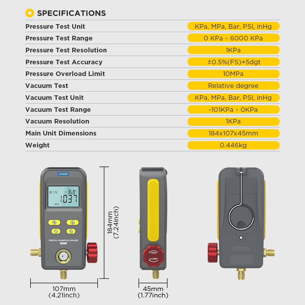 AUTOOL Refrigeration Digital HVAC Vacuum Pressure Manifold Tester, Pressure Gauge, Air-Conditioning HVAC Tools, r134a Refrigerant Recharge Kit, LM110