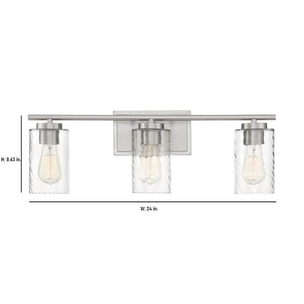 24 in. W x 8.63 in. H 3-Light Brushed Nickel Bathroom Vanity Light with Clear Cylinder Glass Shades