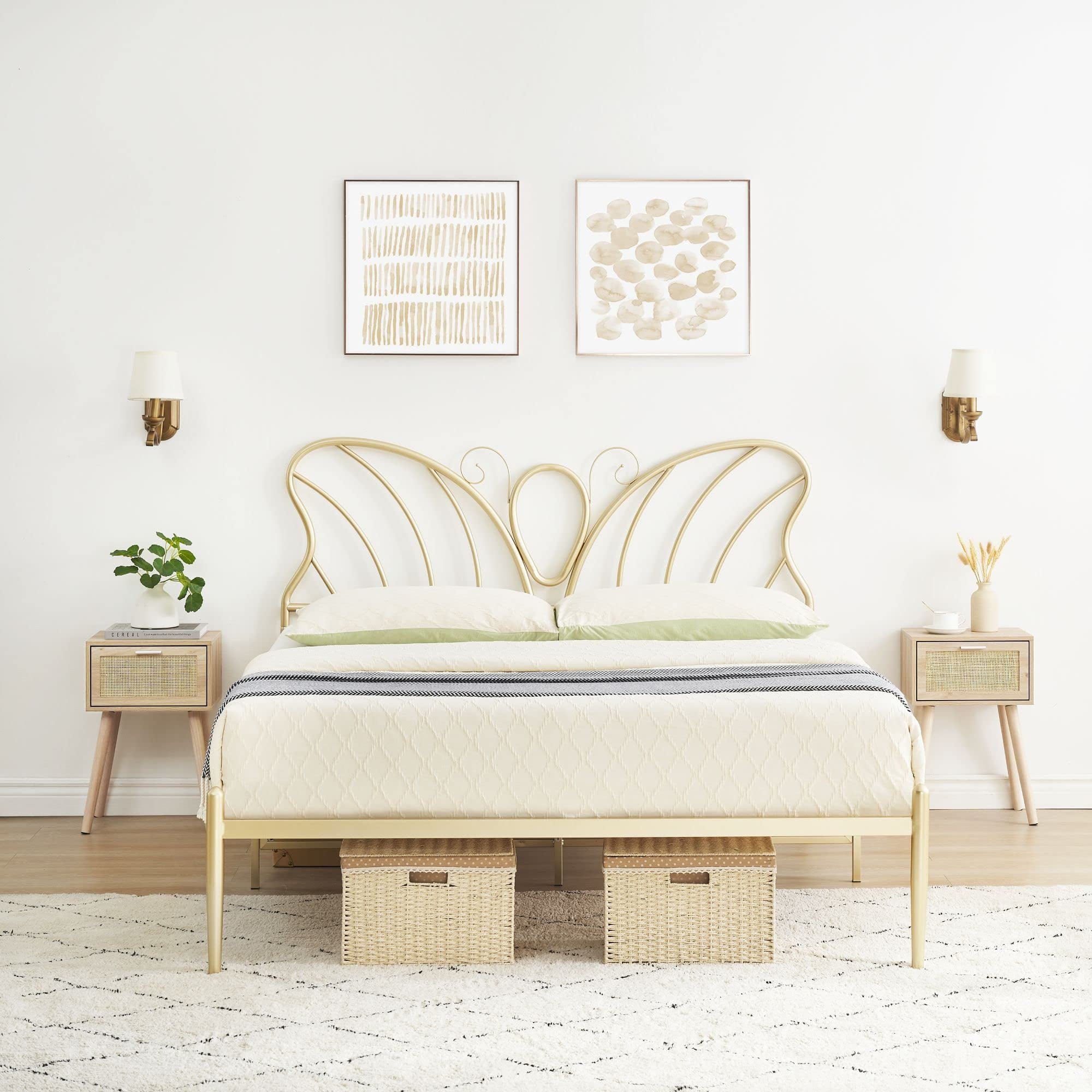 Gold Platform Queen Size Bed Frame with Headboard and Footboard, 12.6 Inches Metal Mattressfor Storage, No Box Spring Needed, Easy Assembly, Modern Design (Butterfly)