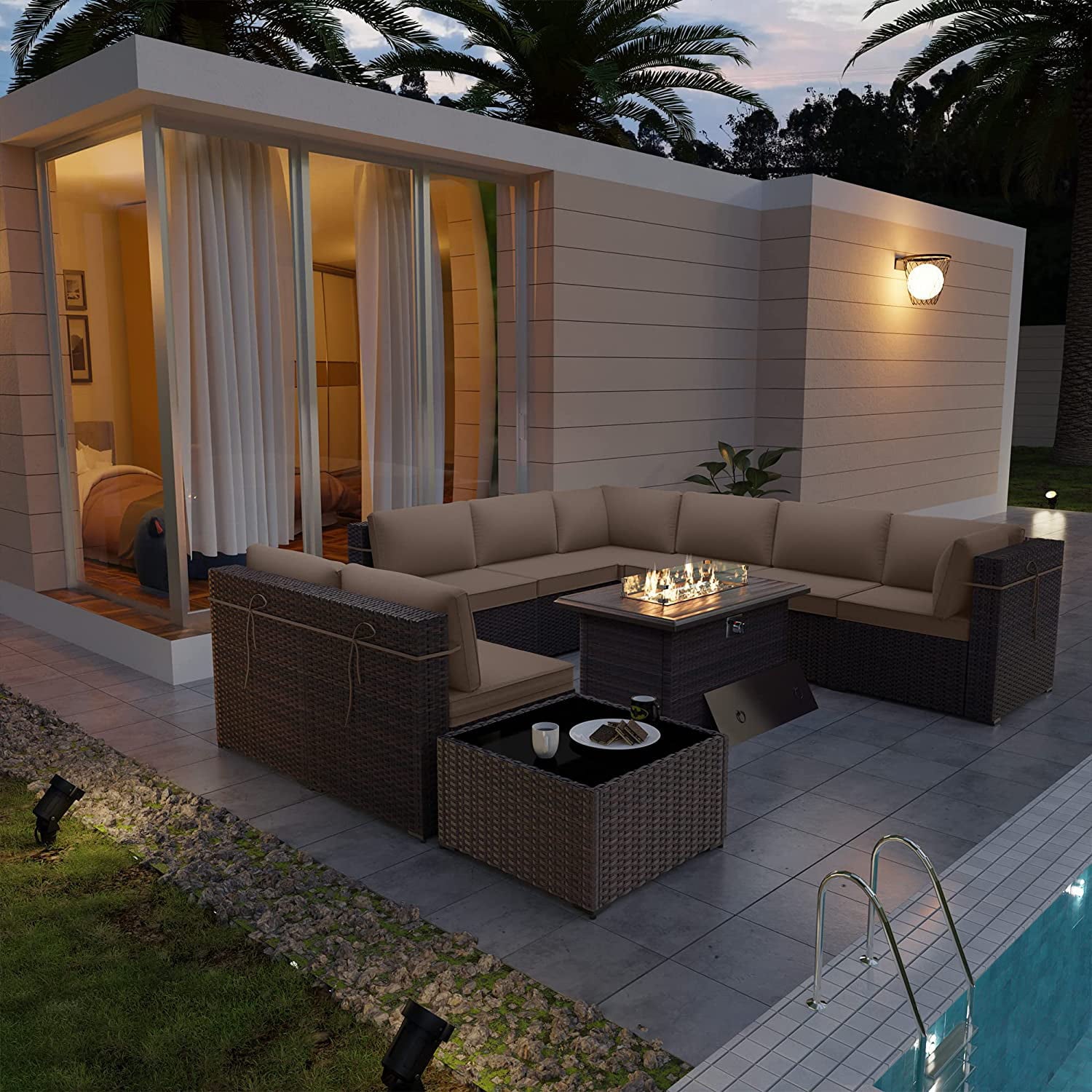 Kullavik Patio Furniture set Sectional Sofa 10 Pieces PE Rattan Wicker Patio Conversation Set w/43