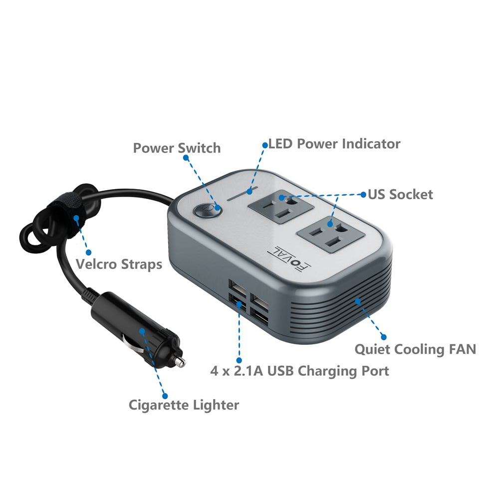FOVAL 200W Car Power Inverter DC 12V to 110V AC Converter with 4 USB Ports Charger (Gray)