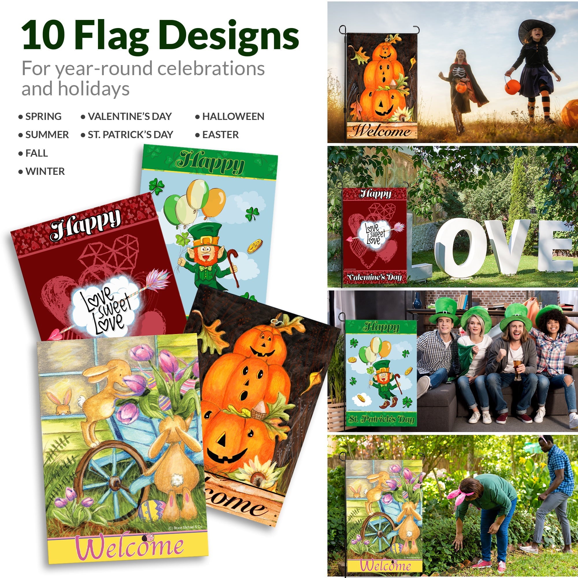 Country Charm Garden Flags (Set of 10) Double Sided 12 x 18 inch Seasonal Flags with Anti-Wind Clip Stopper