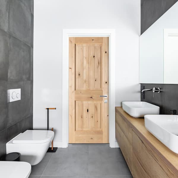 30 in. x 80 in. Knotty Alder 2 Panel Square Top with V-Groove Solid Wood Core Interior Door Slab