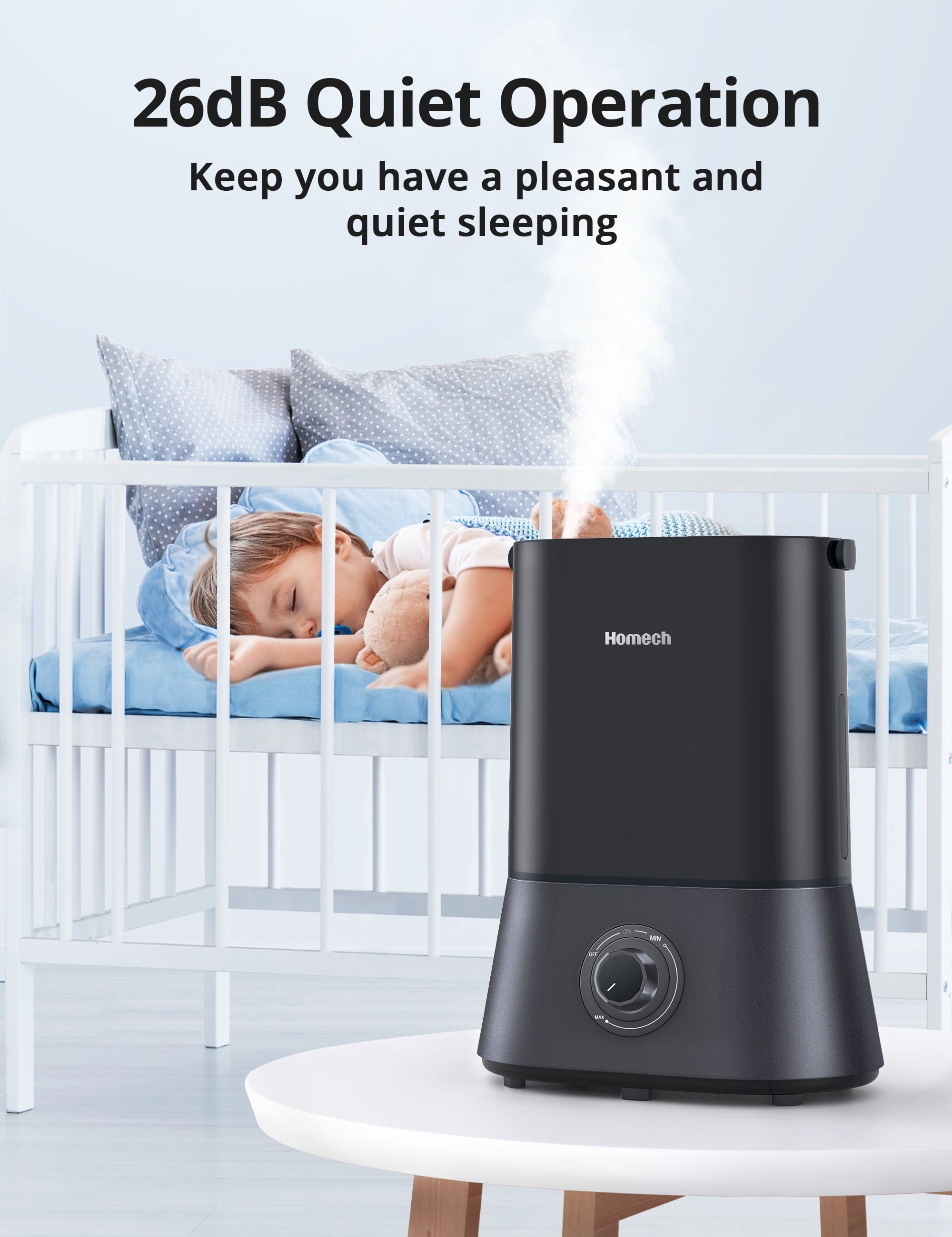 HOMECH Quiet Ultrasonic Cool Mist Humidifier(4L, 1.06 Gallon) 12-60 Hours, 360° Nozzle, Waterless Tank Removal Auto Shut-off (Black)