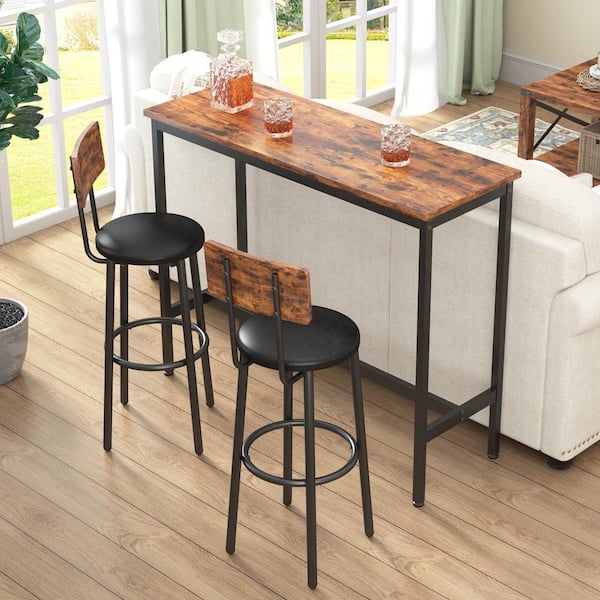 3-Piece Rectangular Rustic Brown Wood Bar Table Set with 2 Bar Stools Faux Leather Seat with Back and Footrest Seats 2
