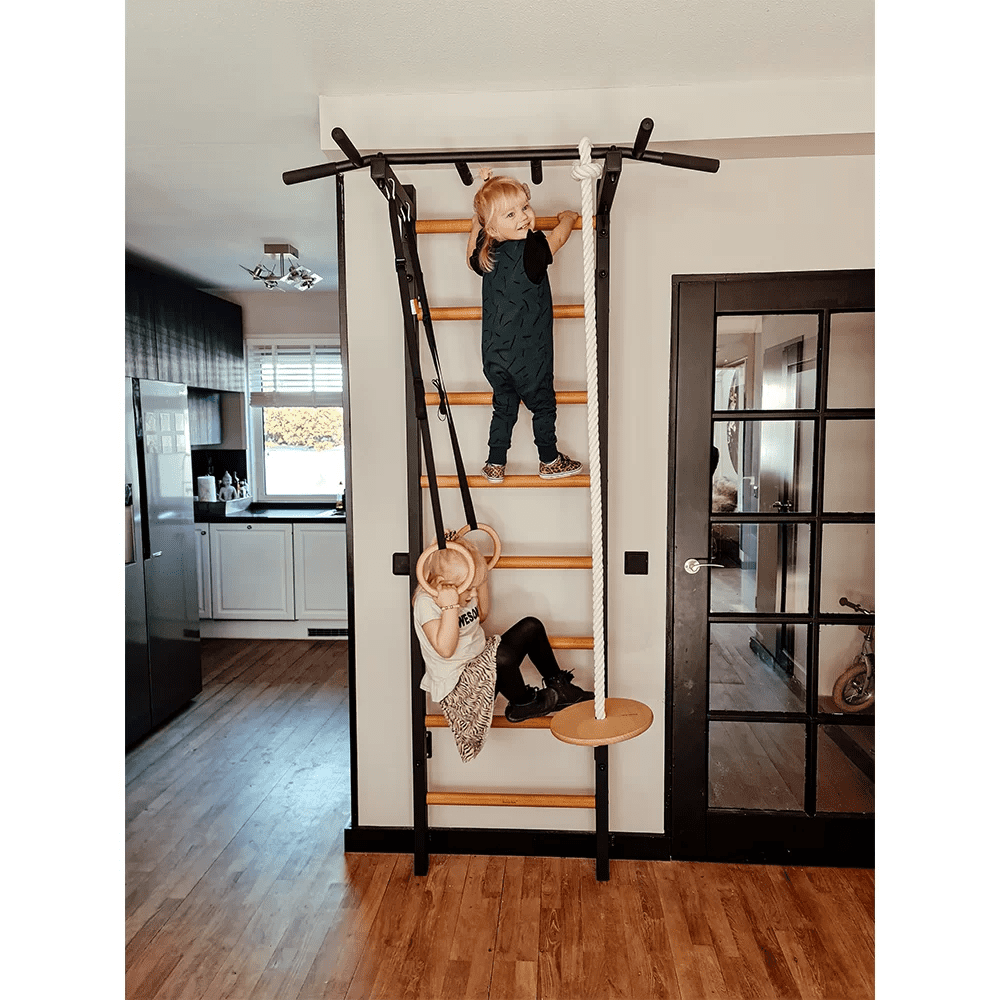 BenchK 221 Black + A076 Wall bars with adjustable beech wood pull-up bar and gymnastic accessories