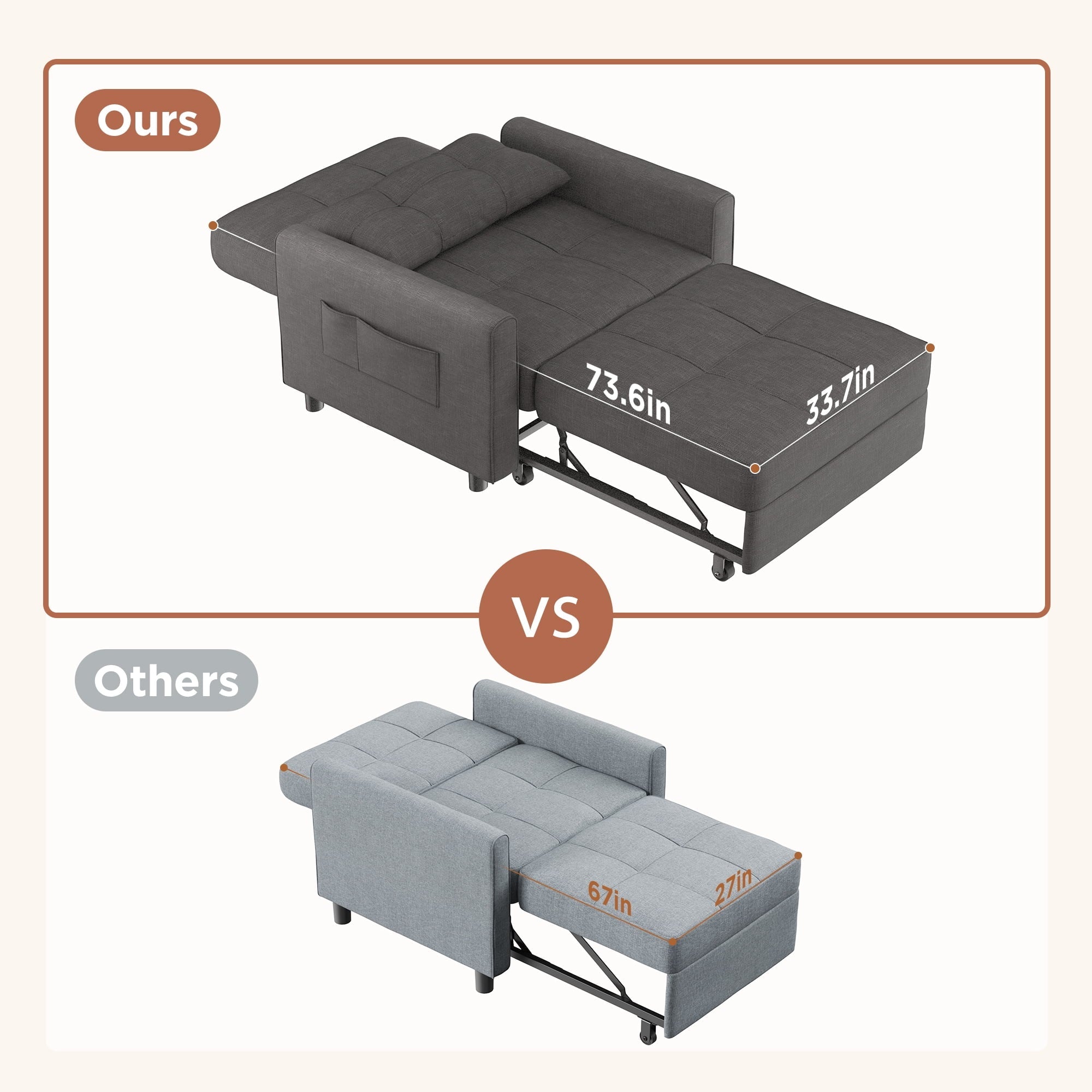 Convertible Sofa Bed, 73.6'' 3 in 1 Sleeper Chair Bed with Adjustable Backrest, Dark Gray