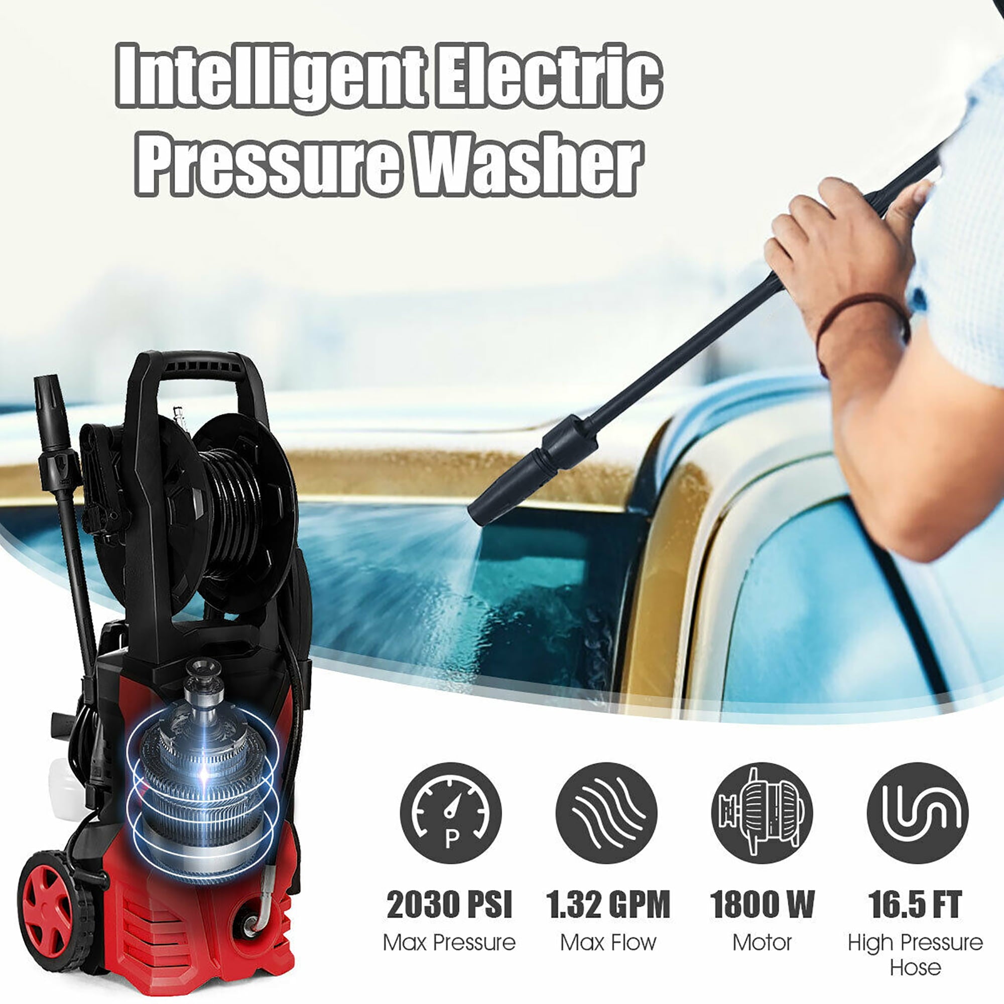 Costway 2030PSI Electric Pressure Washer Cleaner 1.7 GPM 1800W with Hose Reel Red