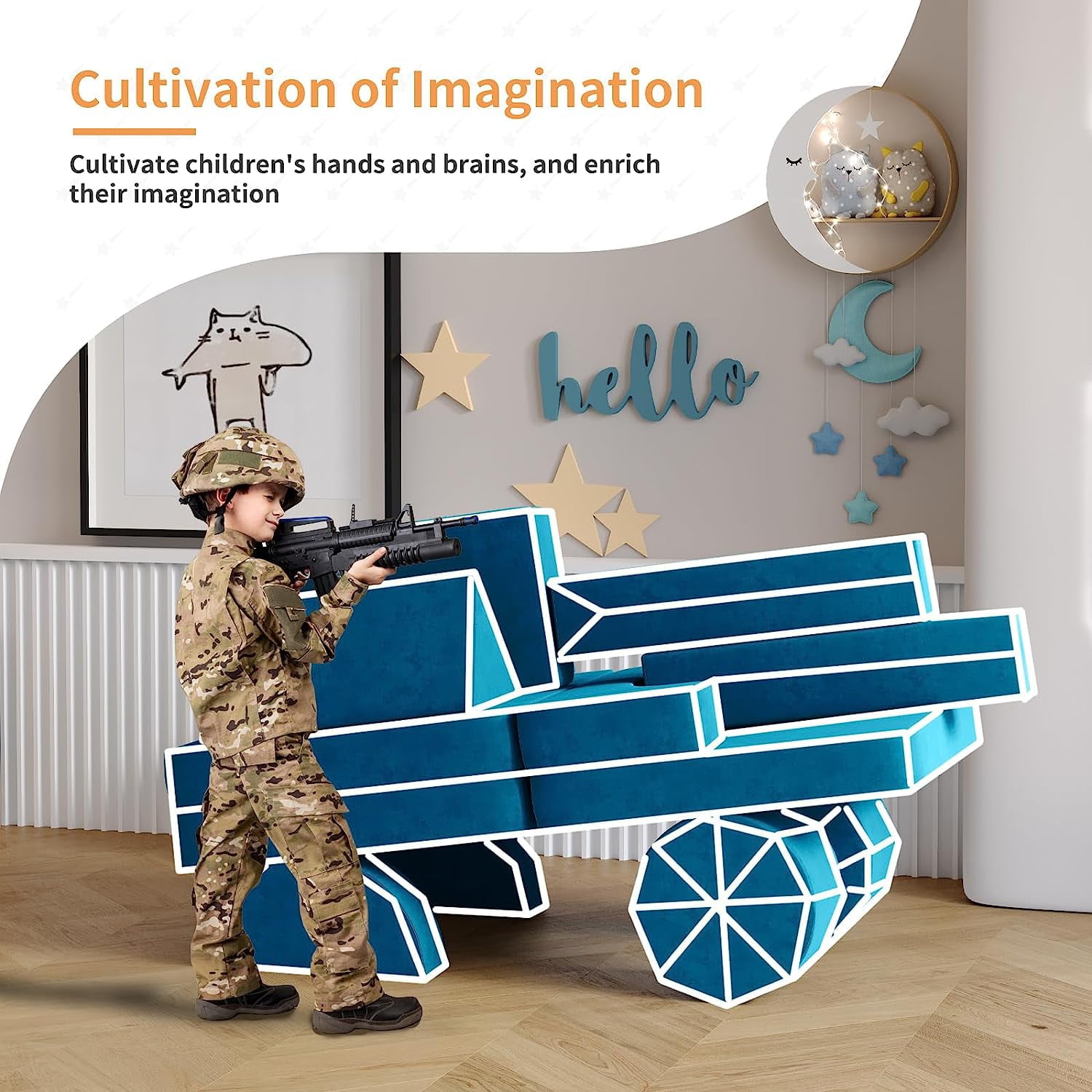 13Pcs Kids Couch, Wanan Toddler Couch Kids Sofa Couch, Kids Fold Out Couch for Playroom Bedroom, Modular Couch for Boys and Girls, Play Couch Sofa for Kids, Blue