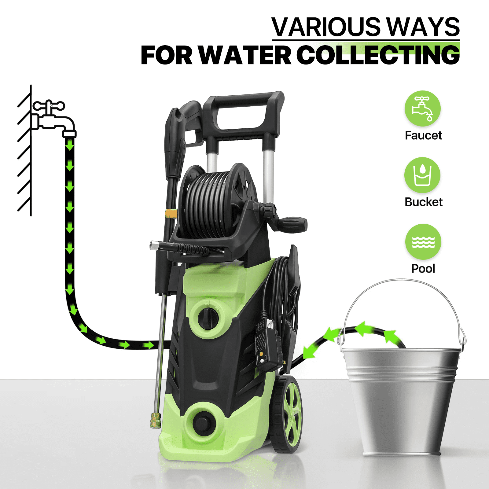 Magshion Electric Pressure Washer, 2180 PSI, Max. 1.5 GPM Power Washer with 19.5 ft Hose, 4 Nozzles, Foam Cannon and Hose Reel, for Patios Cars Fences Driveways, Green