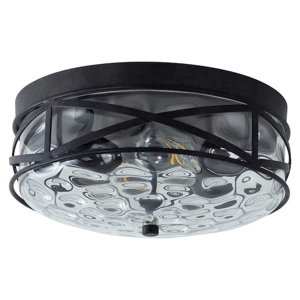 11.4 in. 2-Light Farmhouse Flush Mount Ceiling Light Fixture with Water Ripple Glass Shade