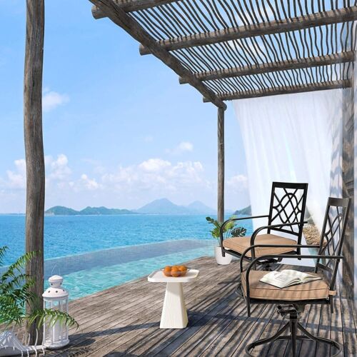 2 Patio Swivel Dining Chairs Rocker Thick Seat Cushion Metal Frame Round Armrest