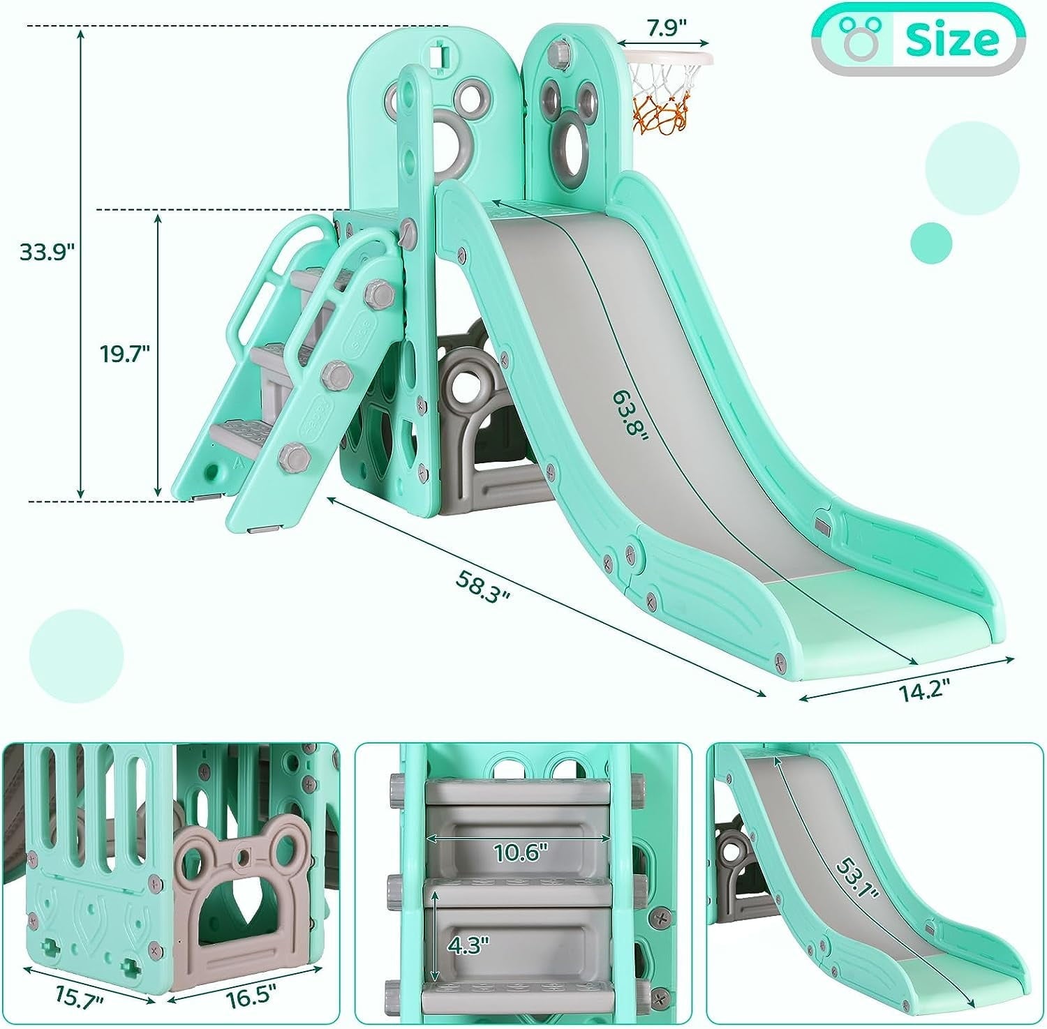 Arlopu Large Kids Slide, 4 in 1 Sturdy Toddler Slide Climber Playset with Basketball Hoop & Ball, Storage Space and Non-Slip Steps, Indoor Outdoor Toy for Children 1 Years +