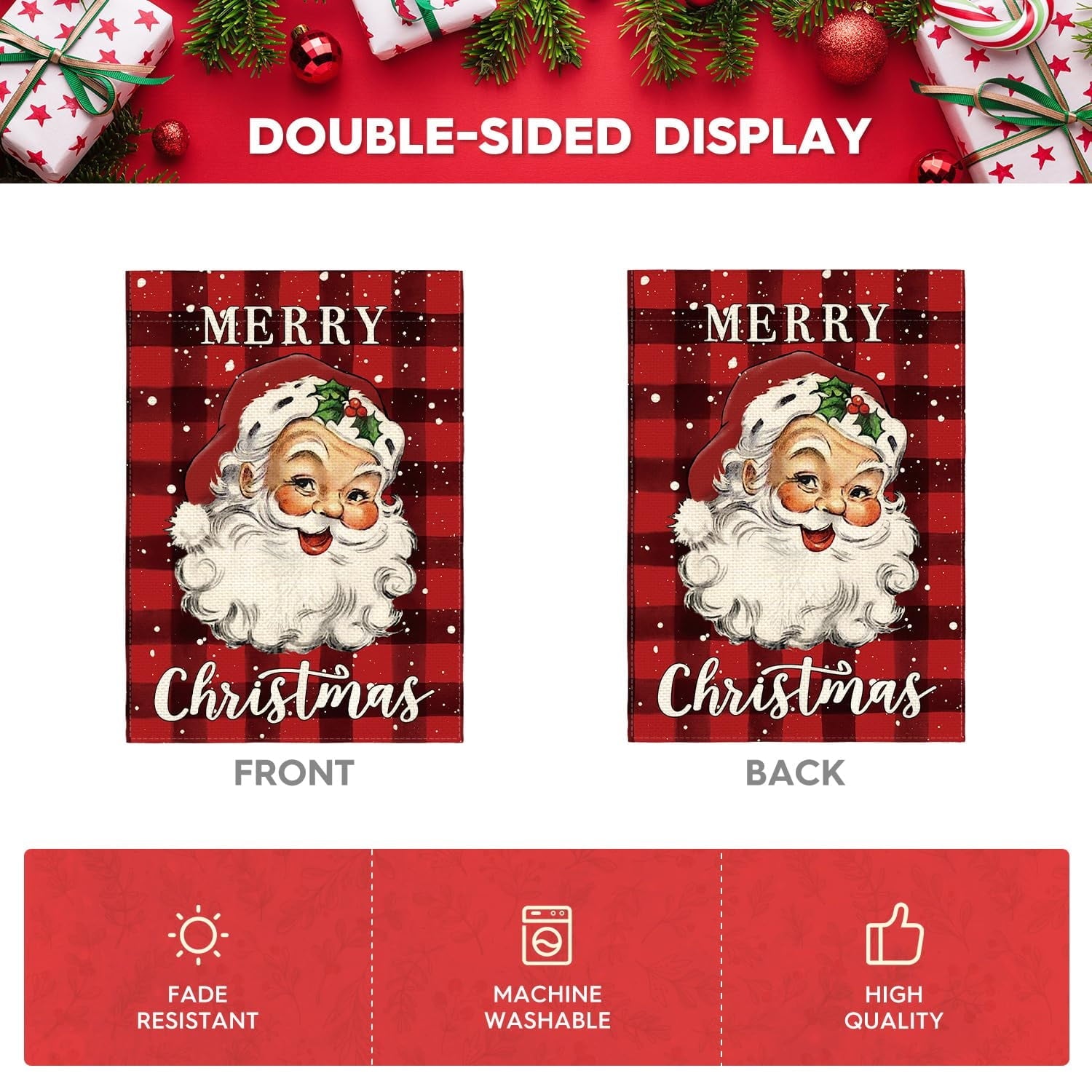 Artoid Mode Buffalo Check Plaid Santa Claus Christmas Garden Flag 12 x 18 Inch, Vertical Double Sided