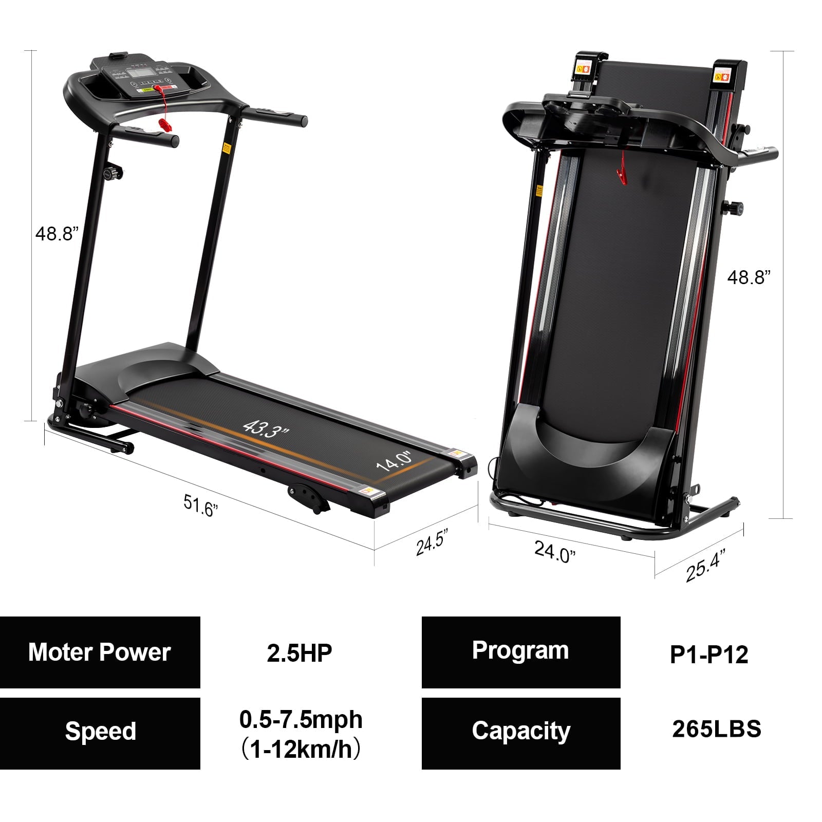 QILLIINN Electric Treadmill 2.5 HP Home Folding Treadmill with LCD Display, 12 Preset Programs Treadmill - 220 lbs.