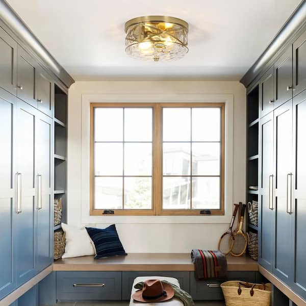 12 in. 2-Light Brass Gold Flush Mount Water Ripple Glass Ceiling Light with Metal Frame