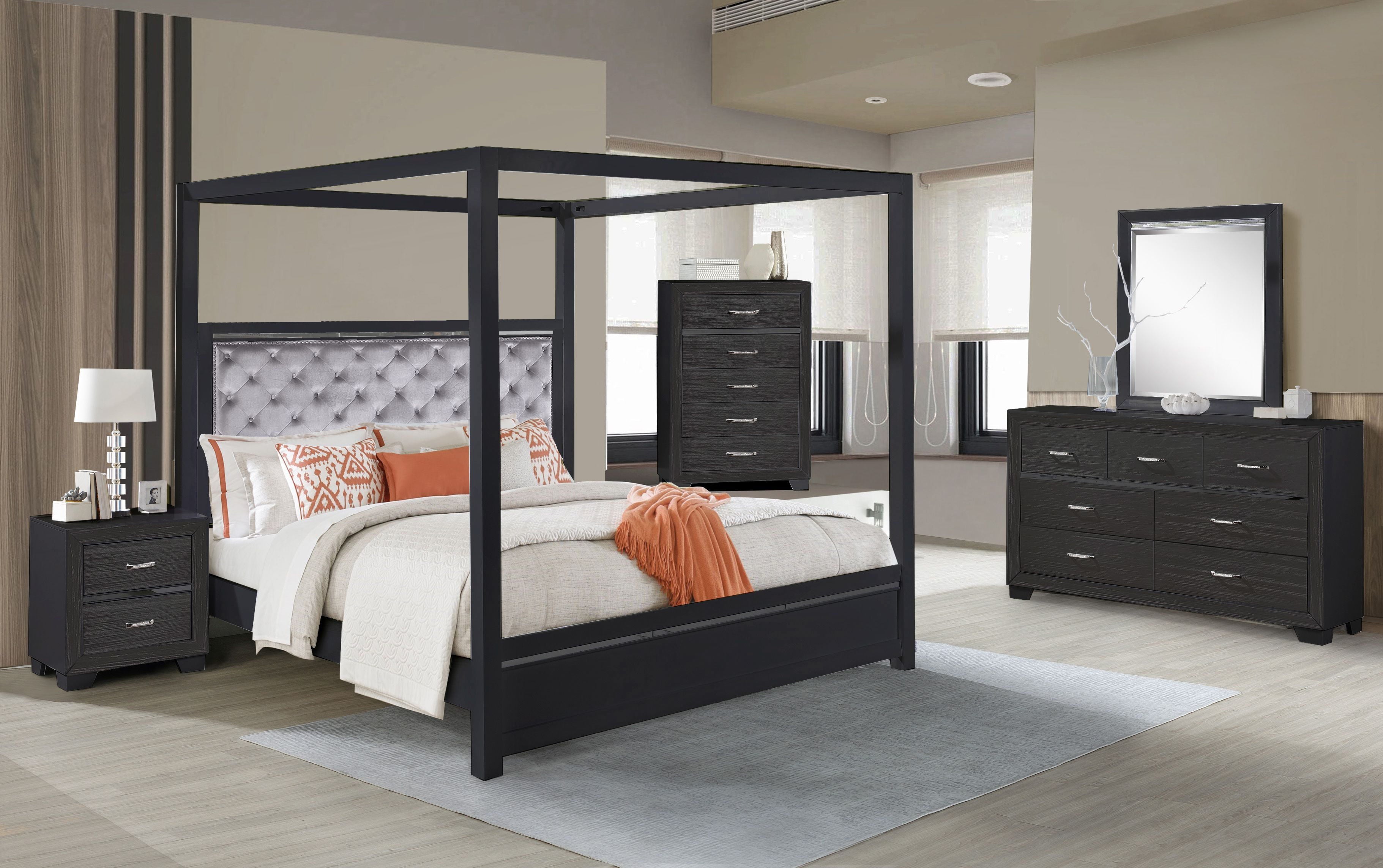 Canopy Glam Bedframe with Tufted Headboard & LED Lights, Queen